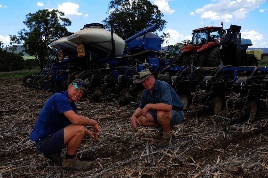 Scott Petersen and his father Rod with the 24-row Kinze planter they imported from the US.  - <i>Picture: SARAH COULTON.</i>