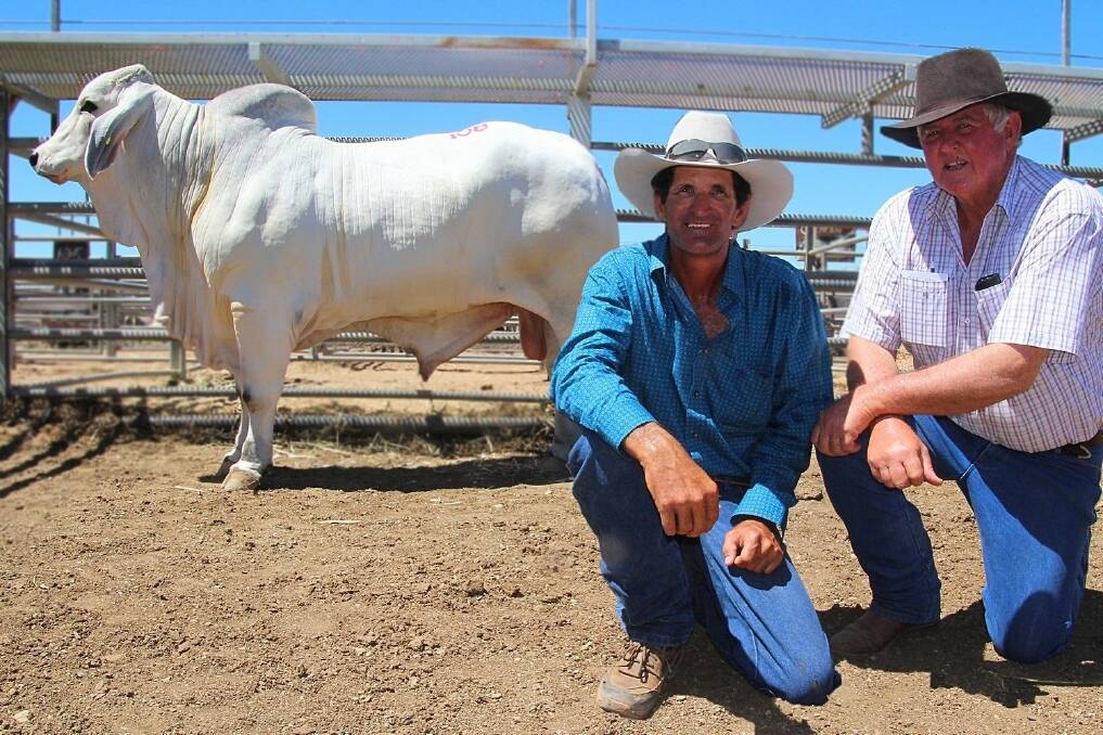 Vendor Brian Hughes and Ken Roche, Marlborough, with the $62,500 top-priced bull Lanes Creek Marocco Manso 1449.