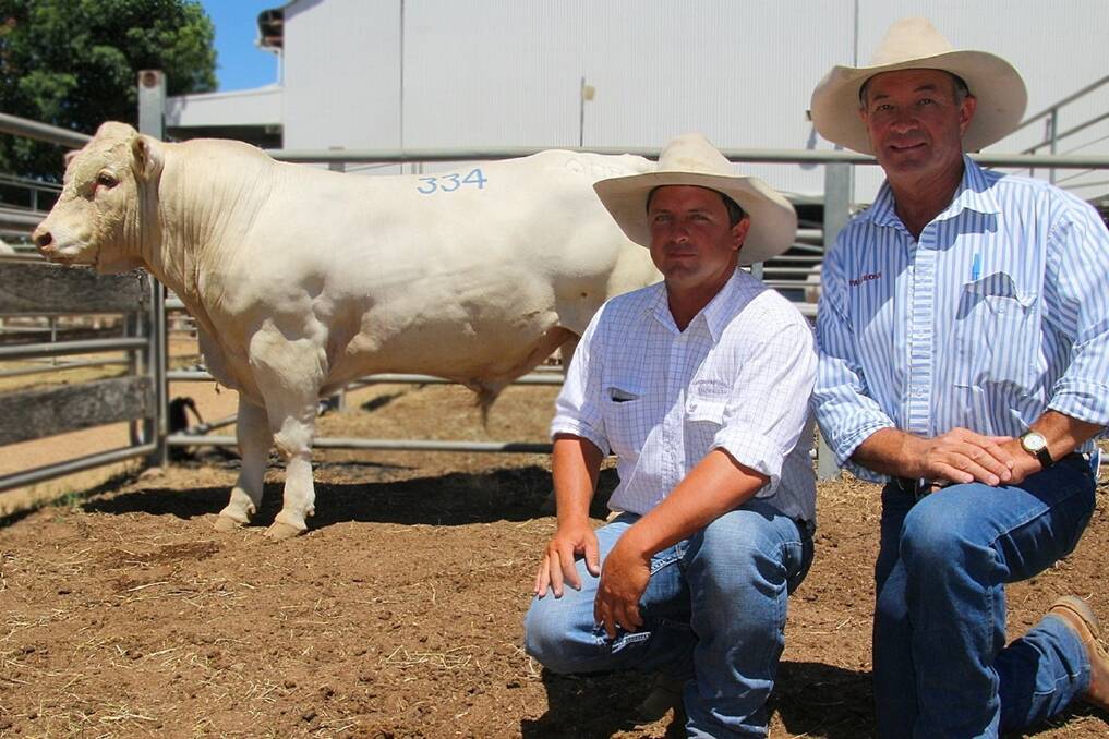 The sale topped at $9000 when Appleton Pastoral Company purchased the 21-month-old, Palgrove Jethro. Loid Appleton, Bulliwallah Station, Charters Towers is pictured with Palgrove stud principal, David Bondfield.
