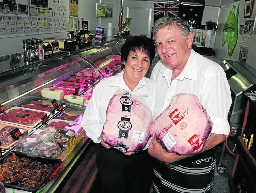 Certified butchers Lyn and Daryl Bein, Miles Wholesale Meats, Miles, support branded meats. - <i>Picture: SARAH COULTON.</i>