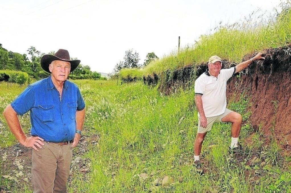 Local Lockyer Valley farmers John Bertram, Half Mile, Mt Sylvia, and Leon Field, Mt Sylvia, lost 12ha of topsoil, access to road and irrigation main lines between their two properties, and have been left with a 150m-wide 'rock garden'.