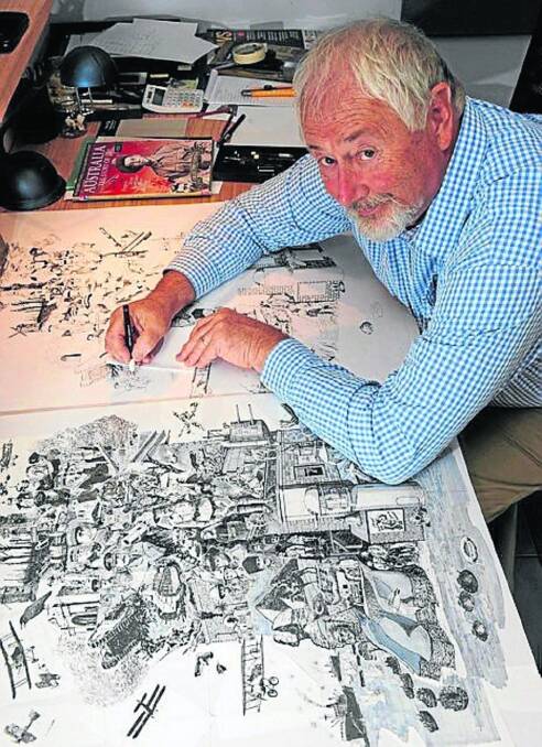 Yarralumla artist Jim Kaucz at his home studio, working on a pen and ink poster depicting scenes from World War 1.