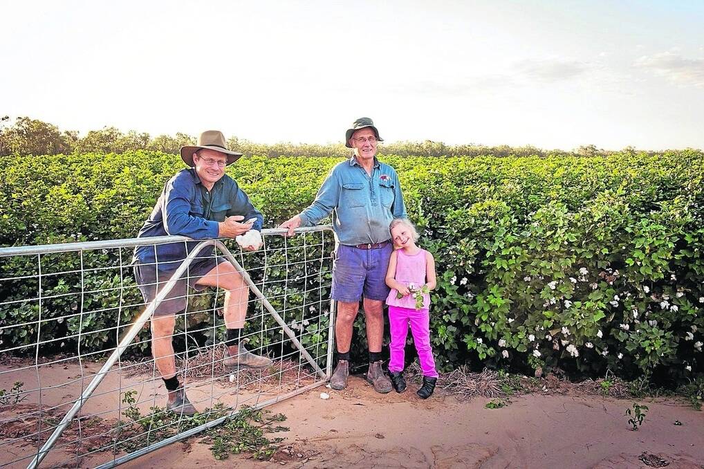 Three generations of farming: Greg Hutchinson, his father David and daughter Heidi. Building their own off-stream water storage transformed their family business, which produces cotton, wheat and chickpeas along the Dawson River, Moura.