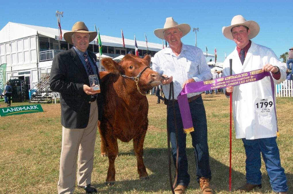 Junior led steer judge Terry Nolan with the champion steer Big Red, held by Stanthorpe State High School principal Peter Grant and grade 12 student Zac Cameron.