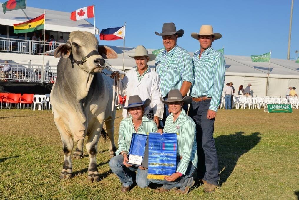 Beef 2015 grand champion interbreed bull Raglan Victory, with exhibitors, the Olive family, Raglan Brahman Stud, Raglan. Pictured are: Roxanne, Andrew and Ryan Olive, and kneeling are Aimee and Jacque. <i>- Picture: SARAH COULTON.</i>
