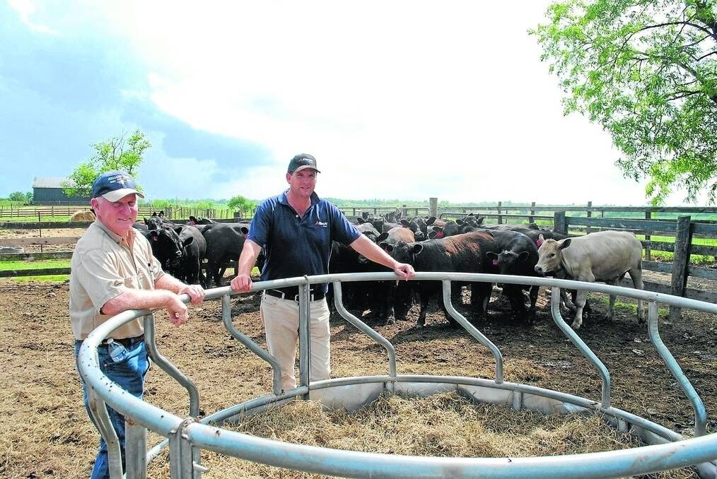 Kentucky cattle producer Charles Miller and Toby Doak from Alltech Australia with Angus steers that are expected to sell to a feedlot for about A$2300.