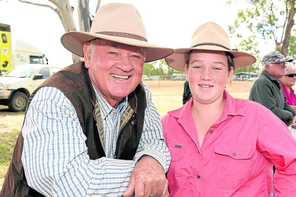 Enjoying Miles' 100th Show are Bob Nixon, Wallan Creek, Drillham, with his granddaughter Sophie Bourne, Sunnyview, Miles. -Picture: SARAH COULTON.