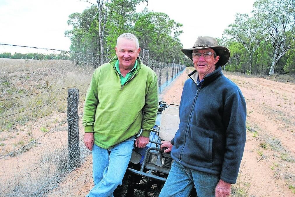 AgForce Sheep and Wool president Sandy Smith, and Jeff Chandler, Canning Creek, check the barrier fence midway between Inglewood and Millmerran. - <i>Picture: MARK PHELPS.</i>