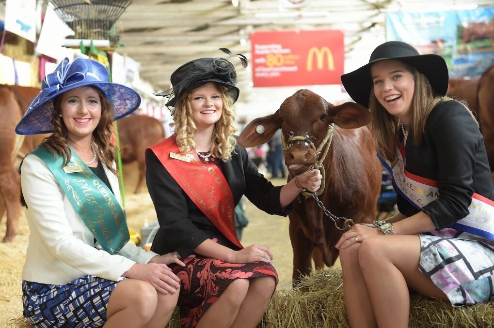 SASH HAND-DOWN: 2014 Miss Popular Lauren Fisher, runner-up 2014 Emma Crozier and Queensland Country Life Miss Showgirl 2014 Sophie Hughes will end their reign at Ekka in a couple of weeks time. <i>Picture: RODNEY GREEN.</i>