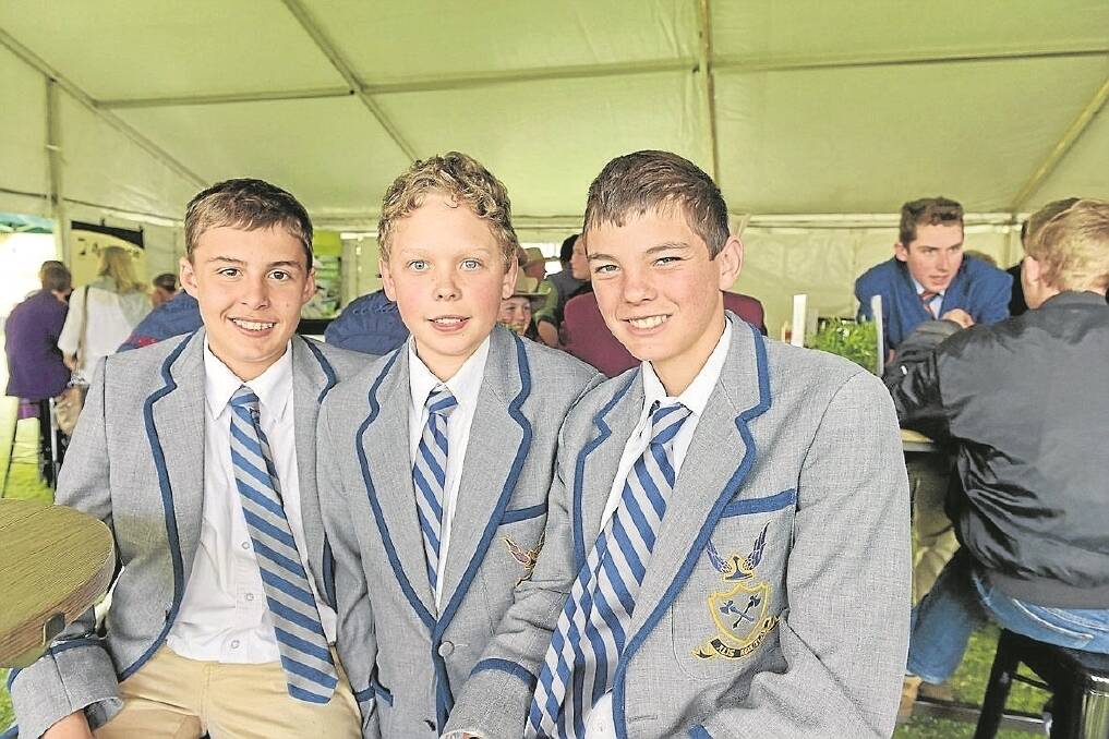 Anglican Church Grammar School students Jasper Dando, John Winston and Ted Body enjoy learning about the agricultural industry at the AgForce Ekka gathering. - <i>Picture: RODNEY GREEN.</i>