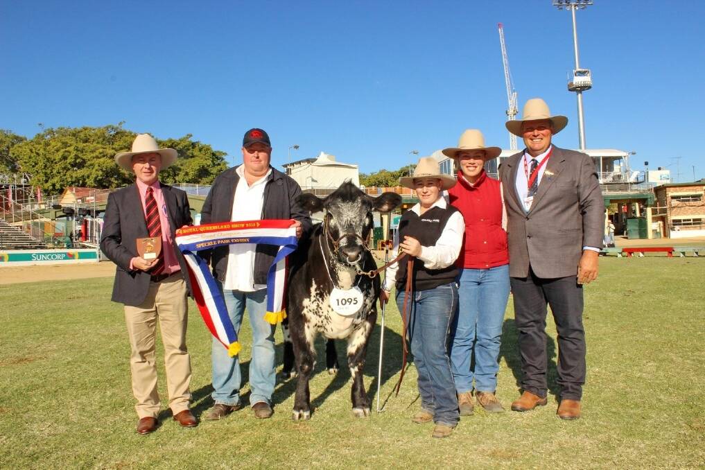 Andrew Meara, Elders, awards the grand champion exhibit Wattle Grove 82U Star Dust with the Elders shield of excellence and is pictured with Dale Humphries, Wattle Grove Speckle Park Stud, Oberon, Tonya Hayward, Felton, and Katherine and Jeff Rose, Baramba.