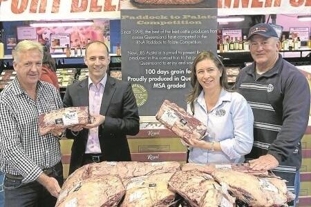 Denis Conroy, JBS, RNA chief executive officer Brendan Christou, Super Butcher managing director Susie McDonald, and Super Butcher’s Eagle Farm store manager Chris Paterson, with Royal 100 branded beef. - <i>Picture: RODNEY GREEN.</i>