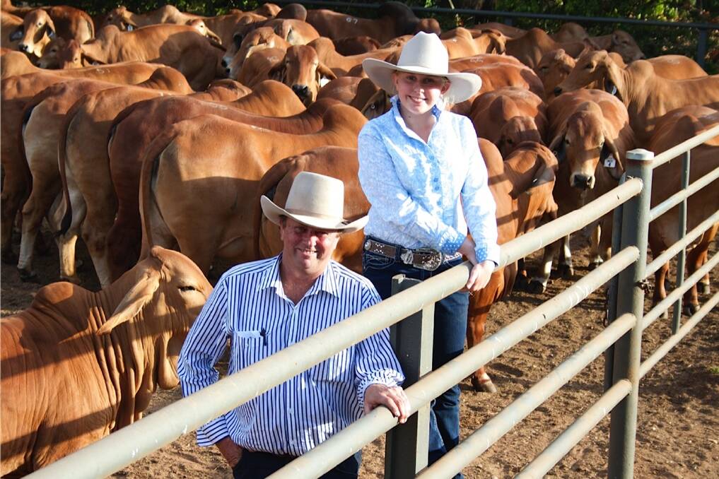 Darren Kent and his daughter Megan after yesterday’s highly successful, NCC ‘Red Legacy' Brahman Sale. The Kent family’s, Ooline Stud, Goovigen purchased nine females for an average $10,556, topping at $24,000 for the top selling unjoined heifer. Photo: Kent Ward