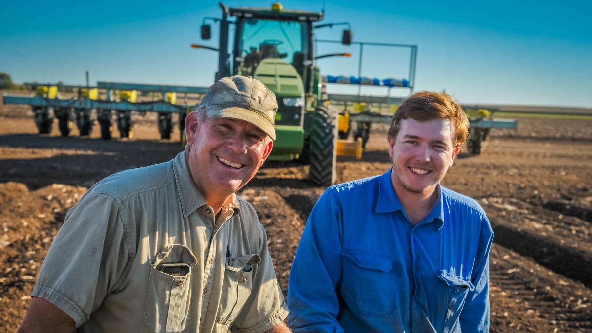 EARLIER THE BETTER: Neek Morawitz, Windy Hill and Argoon, Comet, with operator Clay Rigney who was busy planting the season's cotton crop on August 1. Photo - Kelly Butterworth.