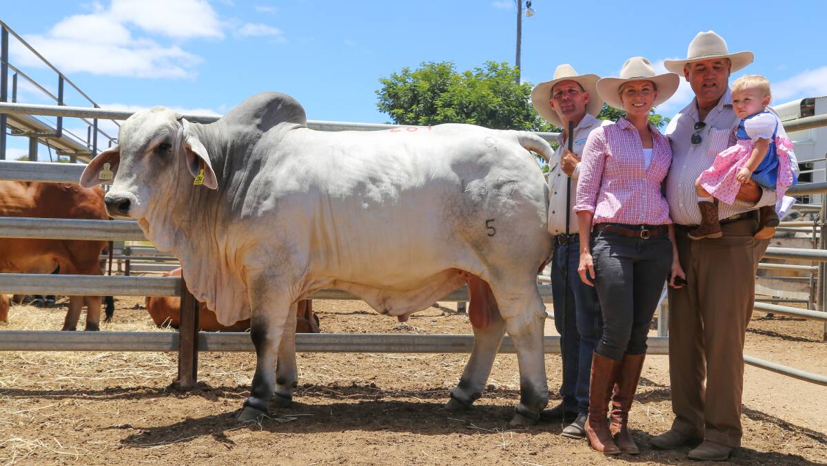 TOP PRICE: $94,000 Cambil Hawkins 4817 sold to Peter Camm, Glenprairie, pictured with wife Maria and daughter Julia, and Cambil stud principal Lawson Camm (left).
