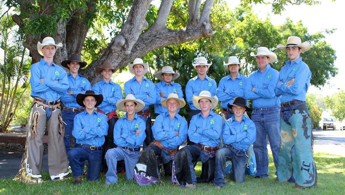Members of the St Brendan’s College Rodeo Team wear blue ready for the Doin’ it for Dolly Charity Rodeo in Springsure on the weekend, include: (top left to right) Jacob Prewett (Emerald), Coen Sinclair (Condamine), Luke Steel (Moura), Harrison Daniels (Yeppoon), Bryce Voll (Normanton), Lawson Jeynes (Yeppoon), Rilee Donnelly (Gracemere), Jackson Mercer (Normanton), Matt Delforce (Tambo) and (front left to right) Koby Curtis (Baralaba), Ashby Sinclair (Condamine), Cameron Creevey (Augathella), Jake Winston (Collinsville) and Alex Creevey (Augathella).
