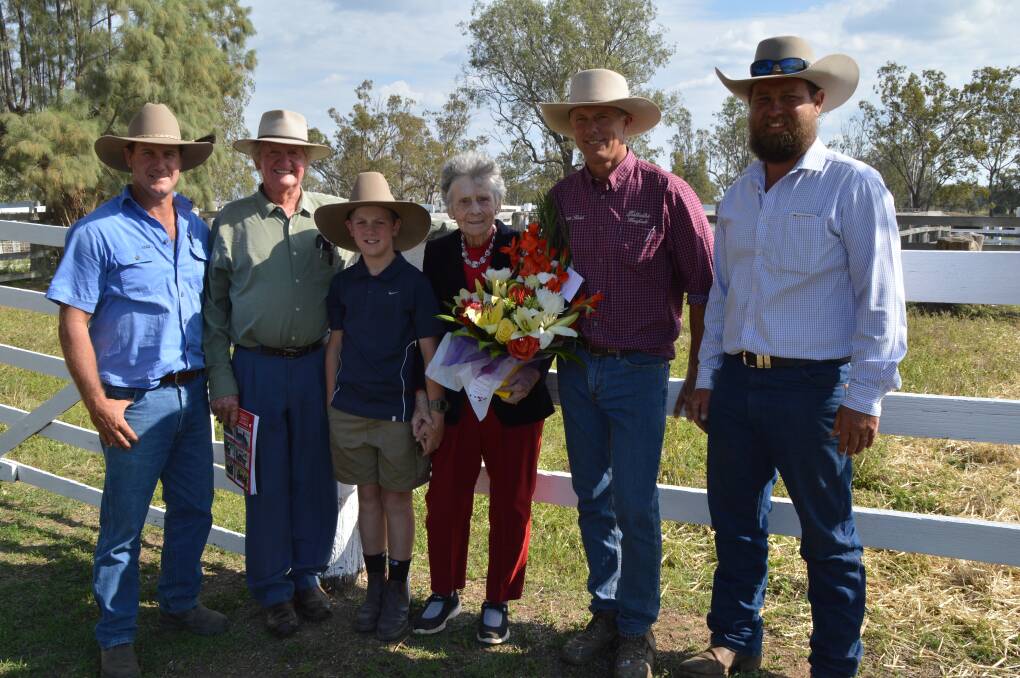 Last time: The 2016 Southern Cross sale was the final sale featuring Devon Court Herefords at the Pinora complex. Pictured are John Robinson junior and senior, Jack Robinson, and Ella Robinson of the Pinora sale complex, Steve Reid, Talbalba Herefords, Millmerran, and Tom Nixon, Devon Court Herefords, Drillham. 