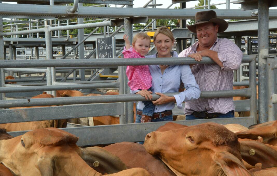 Time to go: Elisha and Damien Parker, Eastmere, Aramac, and their 18-month-old daughter Olivia, sold 711 head of EU steers and heifers at Emerald due to continued dry weather.