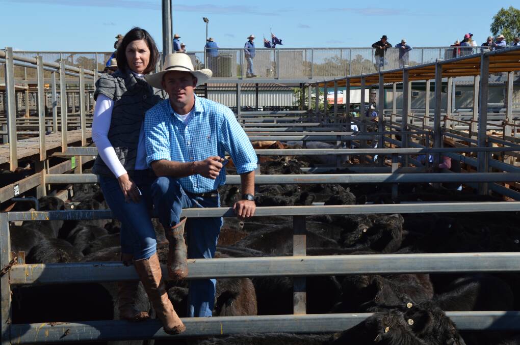 Proud moment: Julie and Jeremy Shaw, JS Grazing, Injune, are celebrating record breaking prices for their EU Angus weaners after today's Roma store sale.