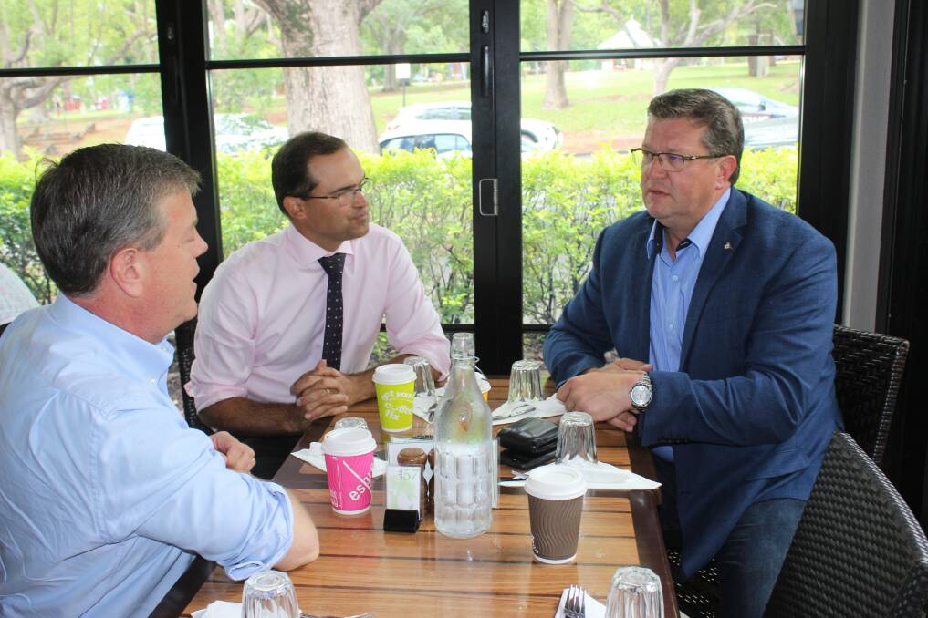 Coffee Stop:  Opposition Leader Tim NIcholls, joins LNP's David Janetski, Toowoomba South and LNP's Trevor Watts, Toowoomba North for a coffee in Toowoomba on Wednesday before he held a media conference.  