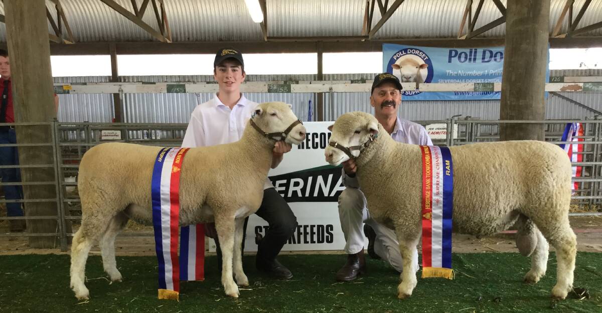Jaymin Rubi with his grand father Chris Rubie, Sovereign Poll Dorsets, Warwick with their supreme ewe and supreme ram of the show. 