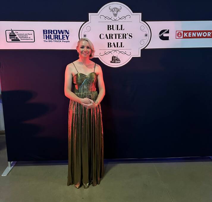 Prue Clarke has been awarded the 2024 LRTAQ young person in transport industry at a gala ball held in Toowoomba, as part of the Livestock and Rural Transporters Association of Queensland and the Australian Livestock Rural Transporters Association conference. Picture supplied. 