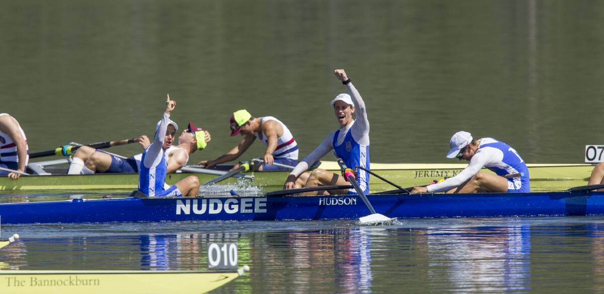 The Nudgee First VIII crew winning the 2017 Head of the River. Nudgee Rowing has won five consecutive Head of the River championships.