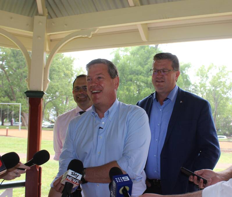 Opposition leader, Tim NIcholls, with the LNP's David Janetski and Trevor Watts addressing the media in Toowoomba on Wednesday morning. 