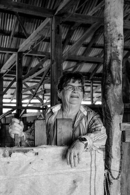 Robyn Russell in the shearing shed on her family's property, Charlotte Plains. 