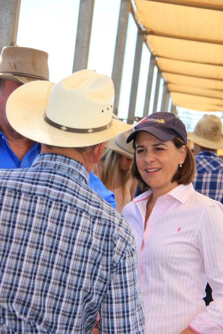 Deputy Leader of the Opposition Deb Frecklington chats with producers at the Roma Store Sale. 