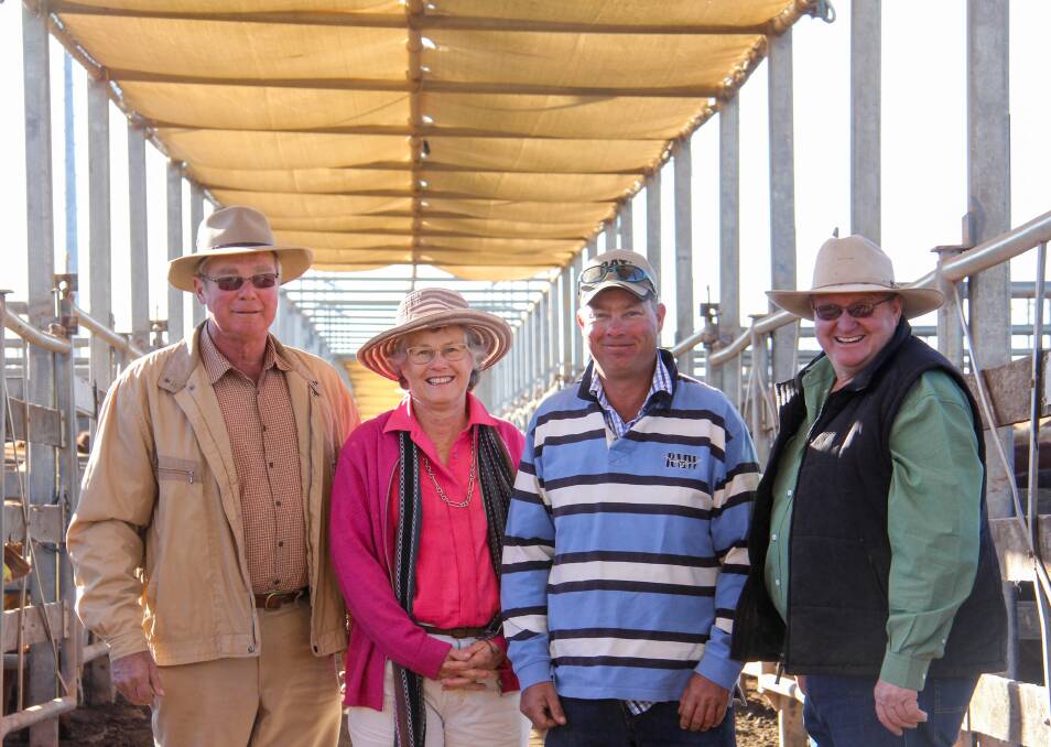 Walter, Christine and Stuart McLean, Abbieglassie, Mitchell, with Landmark selling agent Steve Hancock at the Roma saleyards on Tuesday after selling their annual weaner turnoff.