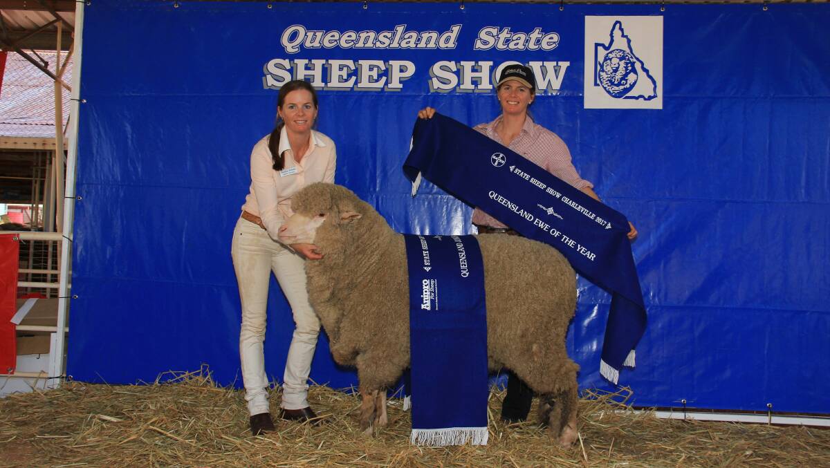 Candice Roberts and Catherine Perrett, Victoria Downs, Morven with their Queensland Ewe of the Year.
