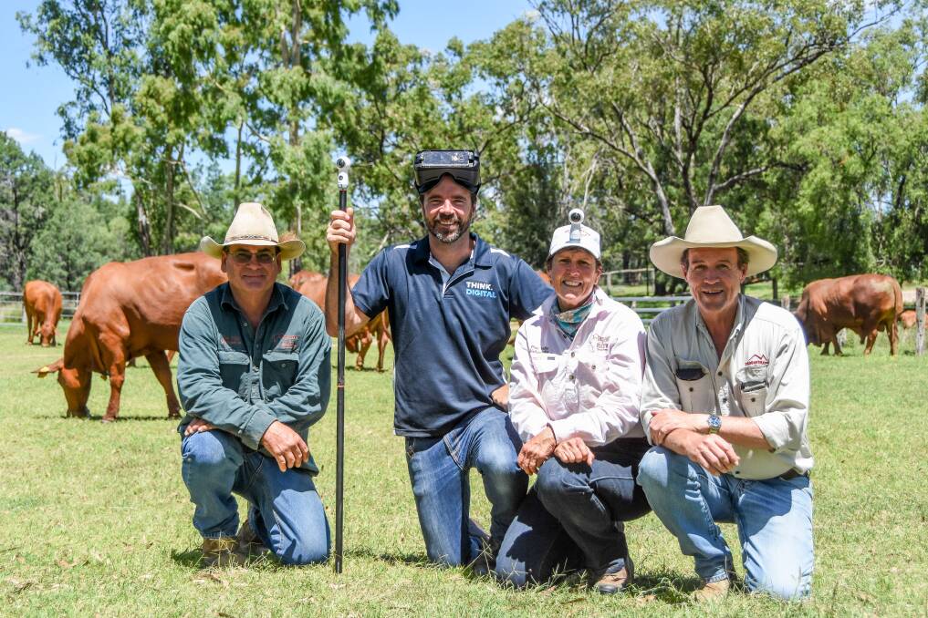Roger and Jenny Underwood, Pine Hills, Wallumbilla, with Think Digital and virtual reality expert Tim Gentle (second from left) and Droughtmaster Australia's CEO Neil Donaldson during filming of the virtual reality experience to be launched at Beef 2018. 