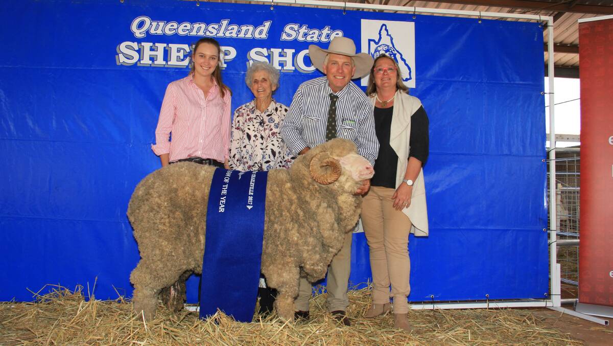 The Brumpton family with their ram, Mount Ascot Bill who was named the Queensland Junior Ram of the Year and the Queensland Ram of the Year. 
