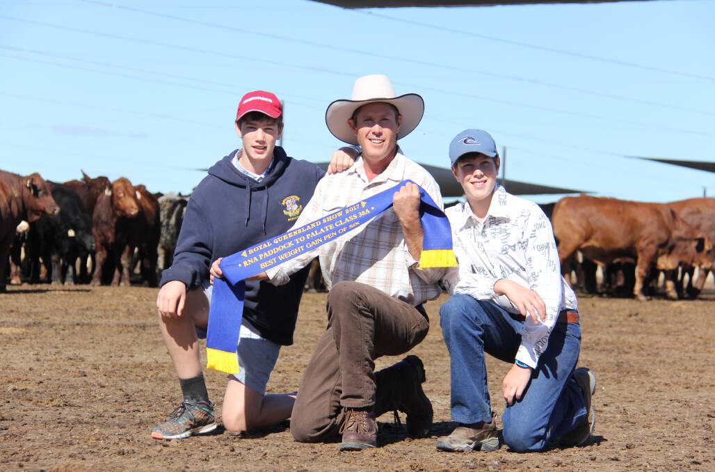 ALL SMILES: Christopher, Peter and Patrick Mahony, Gyranda Pastoral Company, Theodore, in the yarding of exhibits in Class 38, Pen of Six Grain-Fed Steers (70 Day) which they took out first. Picture: Lucy Kinbacher