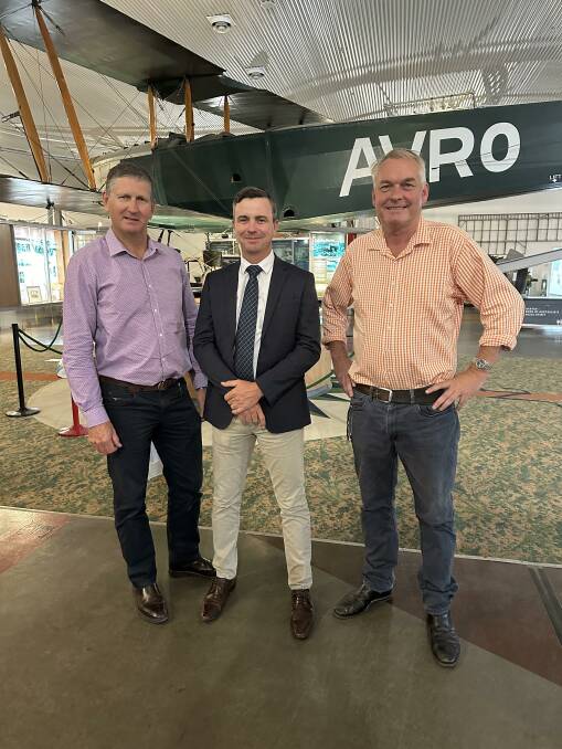 LNP president Lawrence Springborg, LNP Candidate for Gregory Sean Dillon and outgoing LNP Member for Gregory Lachlan Millar at the Qantas Founders Museum in Longreach. Picture: Supplied by LNP 