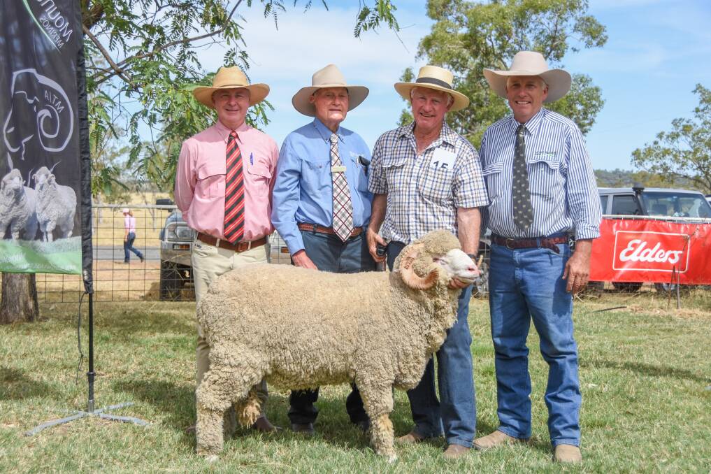 The $5500 top price ram of the sale from Mount Ascot with Elders selling agent Andrew Meara, Mt Ascot's Reuben Brumpton, buyer Bob Little of Waverly, Cunnamulla, and Mt Ascot's Nigel Brumpton. 