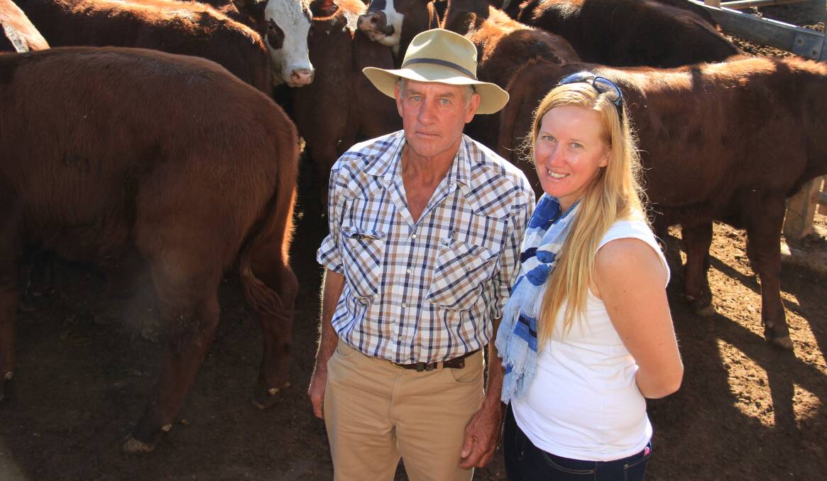 Peter and Peta Maunder, Burnside, Wallumbilla with a pen of their EU accredited steers which sold for 392c/kg averaging 268kg to return $1053/hd. 