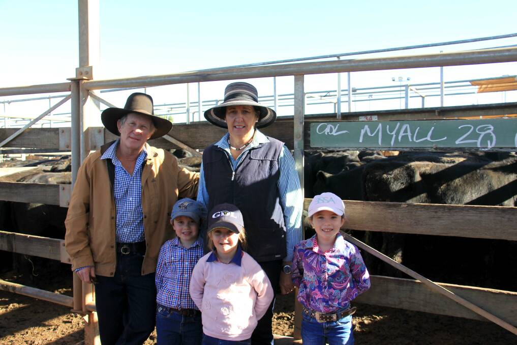 Peter and Di Young, Myall, Roma with their grandchildren Brodie Todd, Michaela Maslen and Stella Todd sold 640 steers and heifers at the Roma Store Sale with an early pen of steers reaching 434c/kg. 
