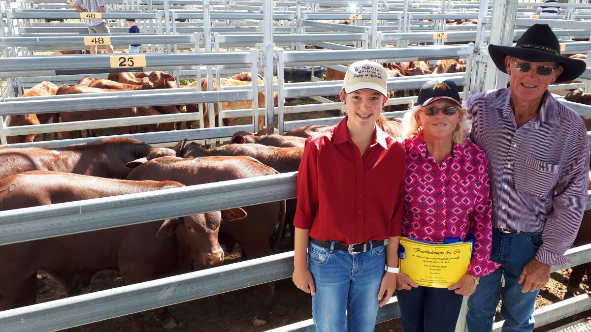 IN DEMAND: Trevor and Sue Whitehall from Mt Berryman, pictured with granddaughter Tayla, who exhibited the champion pen of the show with their Santa weaner steers which fetched $1050 at the Beaudesert sale.