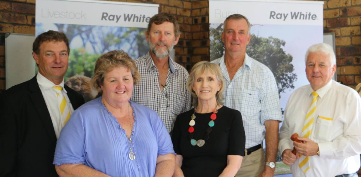 BLYTHE CREEK: Rob Wildermuth, Ray White Rural, Roma, buyers Ree and Leon Price, Mount Hope, Roma, vendors Kim and Richard Murray, Blythe Creek, Roma, and auctioneer Bruce Smith, Ray White Rural.