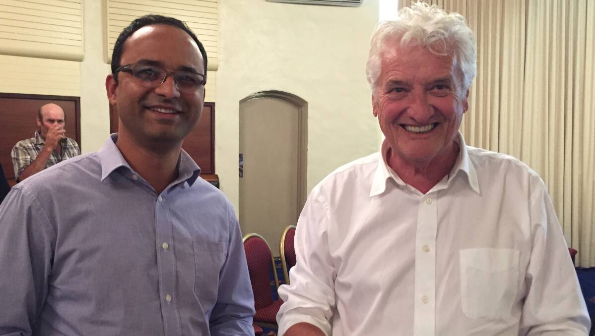 PIG DAY OUT: CRC chief executive officer Dr Roger Campbell (right) with Dr Nishchal Sharma, a trainee nutritionist employed by ACE Livestock Consulting under the Pork CRC’s SA Government supported Industry Placement Program.