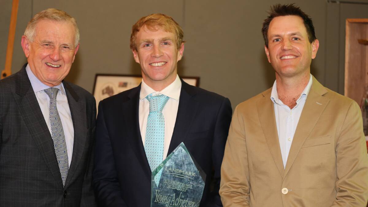 Australian Livestock Exporters’ Council chairman Simon Crean with Young Achiever award winner Byron O’Keefe and sponsor Andy Ingle from Landmark International.