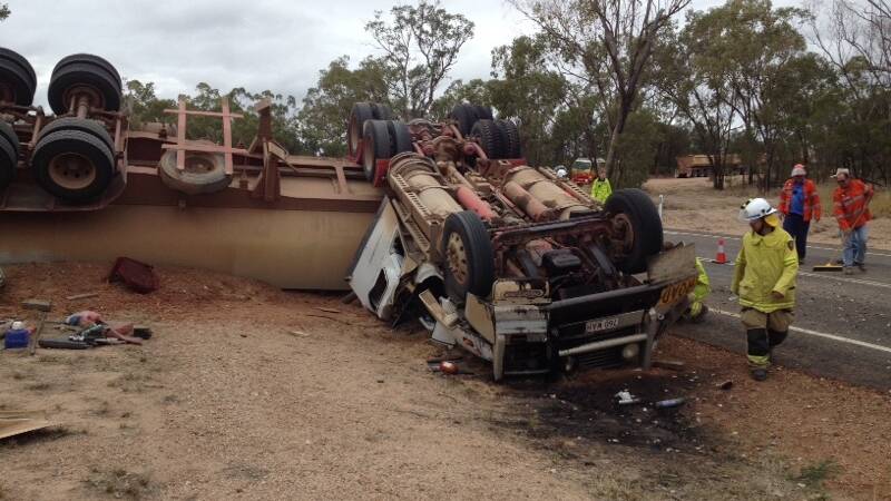 A man was airlifted to hospital after his truck rolled over near Yuleba. Photo - CareFlight
