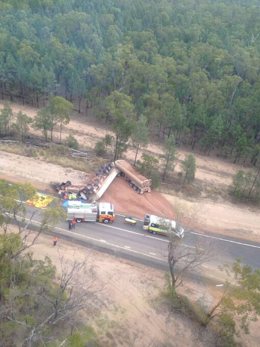 An aerial view of the truck rollover near Yuleba. Photo - CareFlight