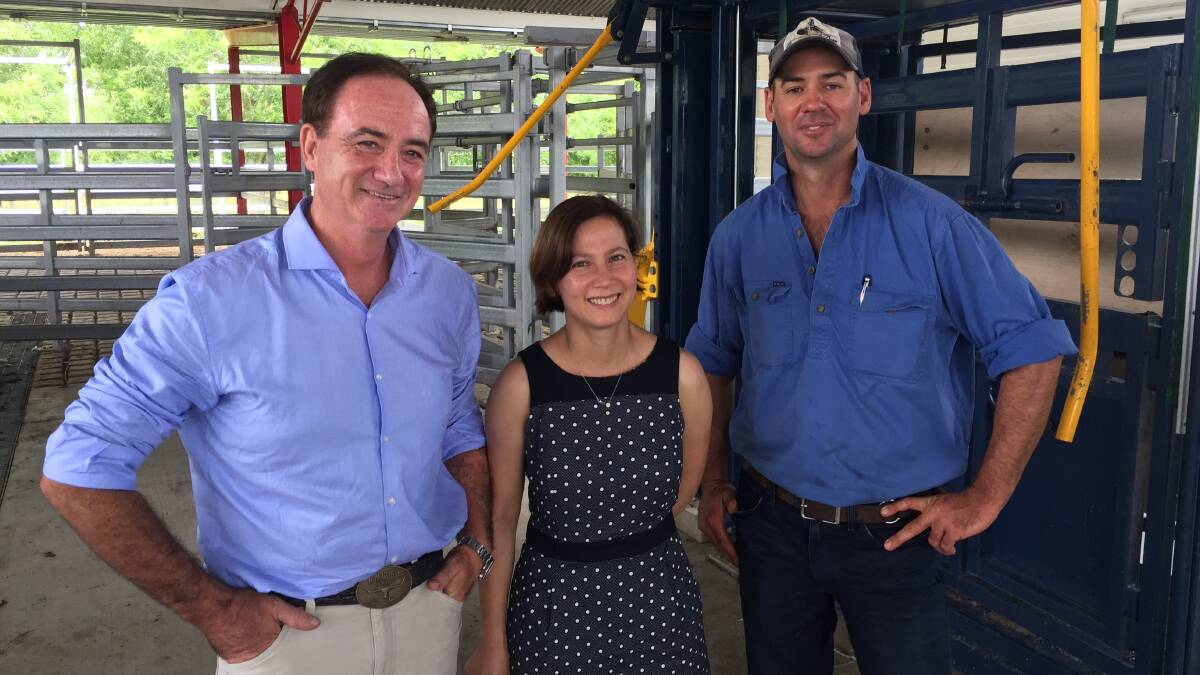 Drs Stuart and Kathy Murray and farm manager Kevin Blake in the top quality cattle handling facility at Bromelton House.