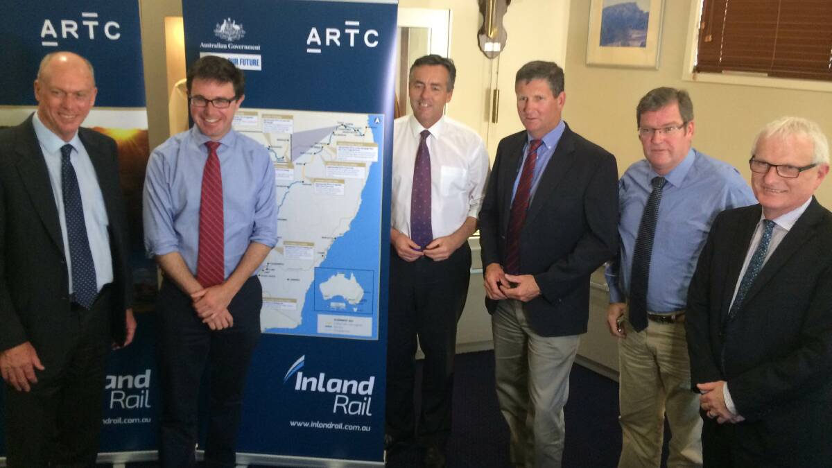 Member for Condamine, Pat Weir, Member for Maranoa, David Littleproud, Infrastructure and Transport Minister Darren Chester, Member for Southern Downs, Lawrence Springborg, Member for Groom, John McVeigh, and ATRC chief executive officer John Fullerton, in Warwick yesterday.