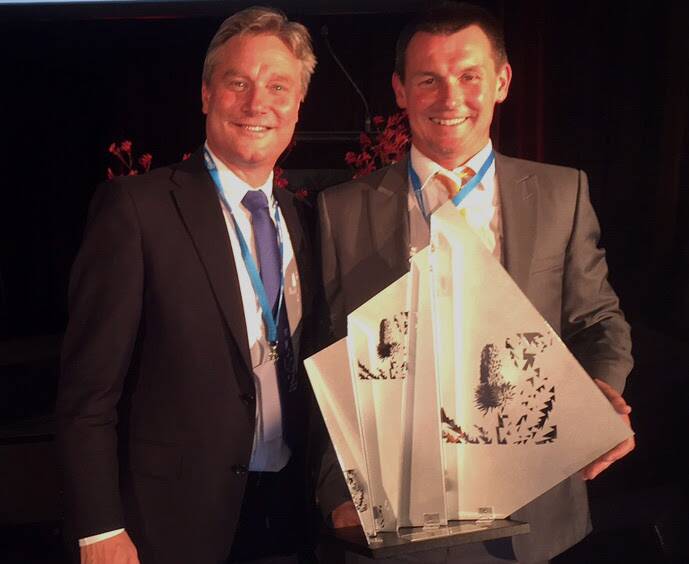 AWARD WINNER: Invasive Animals CRC chief executive officer Andreas Glanznig with Feral Scan program manager, Peter West, receiving the Minister’s award for a Cleaner Environment in the field of Research and Science excellence, sponsored by the Australian Government Department of Environment and Energy at the Banksia Foundation 2016 Awards.