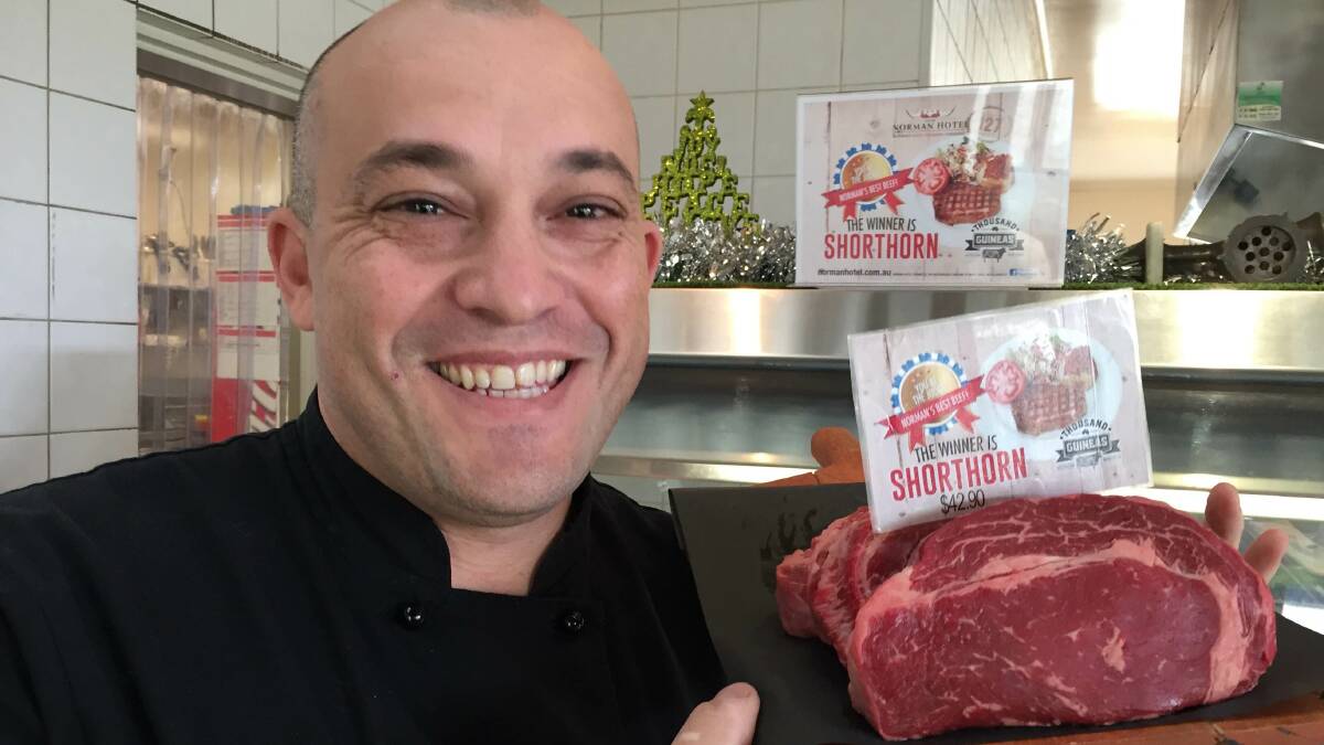 THOUSAND GUINEAS: Norman Hotel executive chef Frank Correnti with the best steak in Australia.