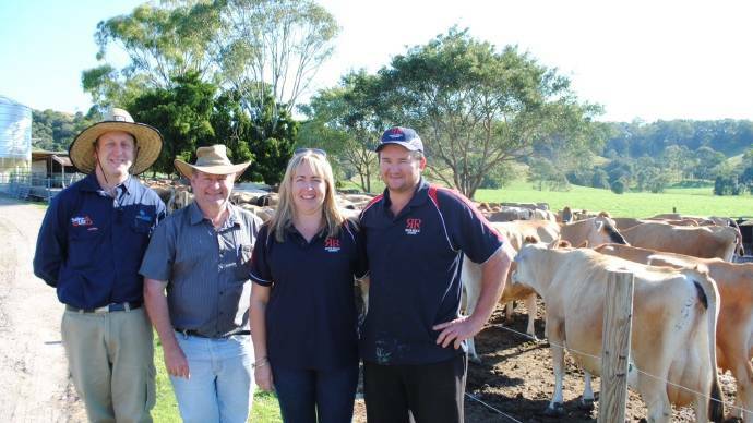 Seqwaters project definition officer Tim Odgers and Maroochy FarmFLOW Program extension officer Dave Clark with Catherine and Ray DeVere, River Ridge Dairies, Kureelpa.